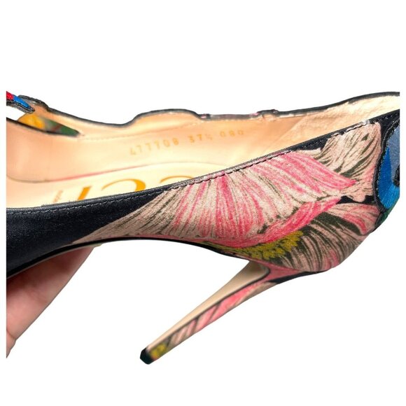GUCCI Ophelia Embroidered Flower Heels Size 37.5 Cloth EUC Floral - Picture 12 of 12